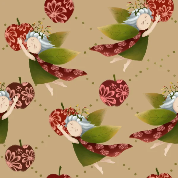 A forest princess flies with a red apple. cute little elf. A pretty girl. Seamless pattern on a beige background. — Stock Photo, Image