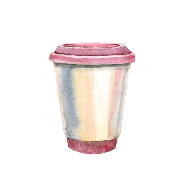 コーヒーを飲み。ピンクの紙コップ。白い背景に分離された水彩画のイラスト. — ストック写真