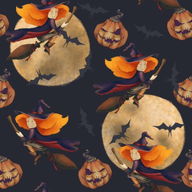 Cadılar Bayramı. Bir cadı ve ay ve yarasa ile Seamless modeli. Harika resim. bir süpürge üzerinde koyu mavi kız