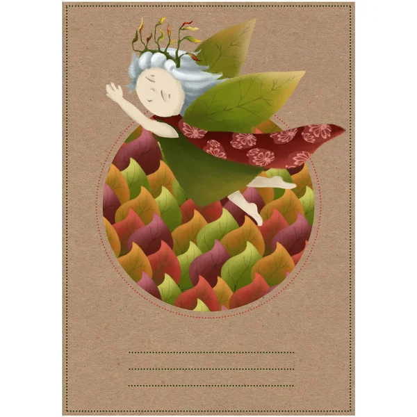 Ansichtkaart met een hout-nimf. Klein meisje in een cirkel van bladeren. Prinses op een achtergrond papier. — Stockfoto