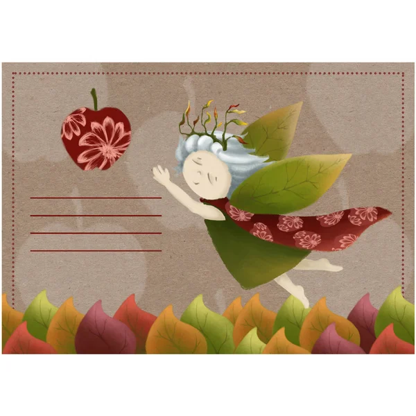 Ansichtkaart met een bos nimf. Een sjabloon met een klein meisje met bladeren. Cute. Prinses op een papier met appels. herfst. — Stockfoto
