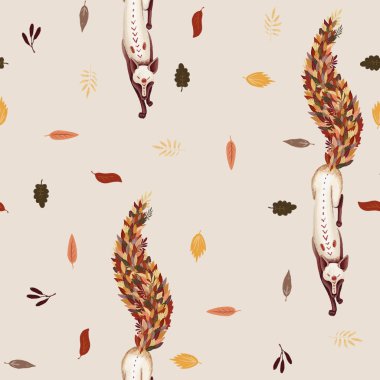Seamless modeli. Fox düşmüş sonbahar kuyruğu ile bırakır. Yaprak sonbaharda. Açık bej renkli üzerinde. yaprak Güz
