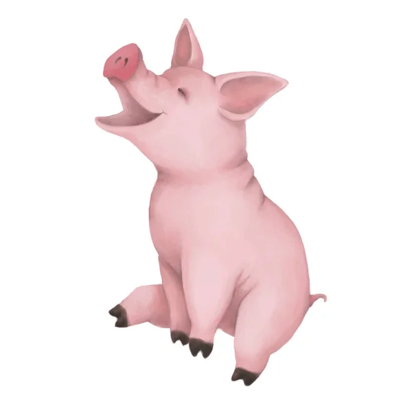 Little cute pink pig isolated on white background. Sits and laughs. farm animal. symbol of 2019. — Stock Photo, Image