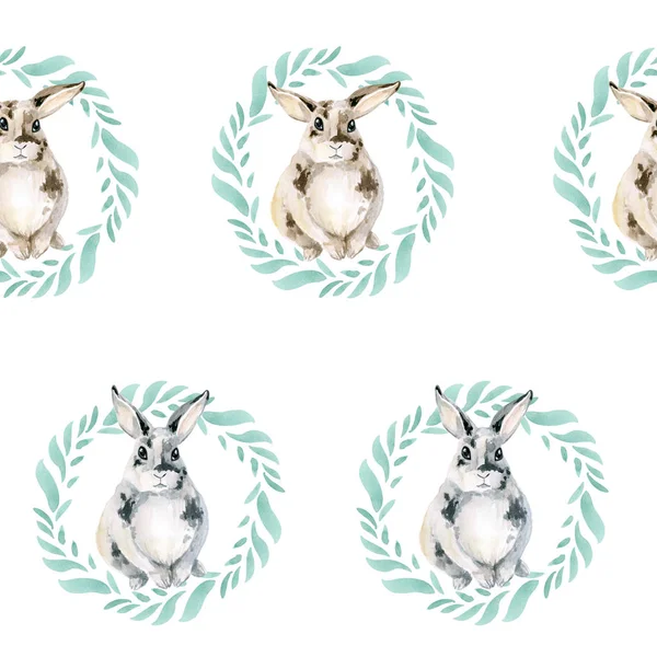 Naadloze patroon met een schattig konijn in een krans van groene bladeren. Een goede kleine konijntje op een witte achtergrond. — Stockfoto