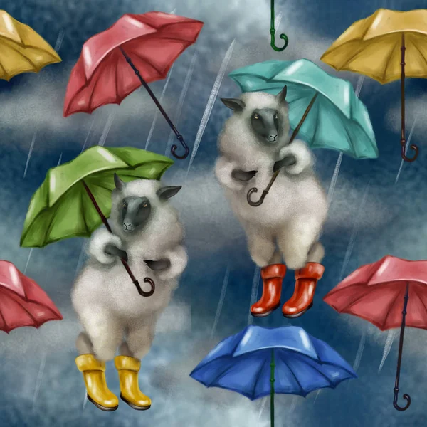 Schafe in Gummistiefeln und mit Regenschirm. nahtloses Muster auf weißem Hintergrund. regnerisch. dunkler bewölkter Himmel, es regnet. — Stockfoto