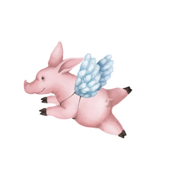 Lindo cerdo rosa con alas de ángel. Aislado sobre fondo blanco . — Foto de Stock