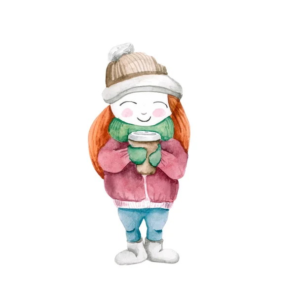 Soğuk Kış Ceket Bir Fincan Kahve Mittens Ile Şapka Kız — Stok fotoğraf
