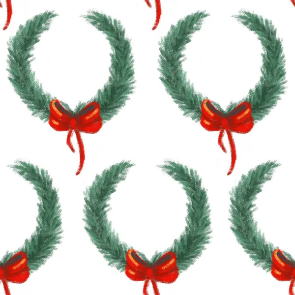 크리스마스 전나무 붉은 활과 화 환입니다. 원활한 패턴. — 스톡 사진