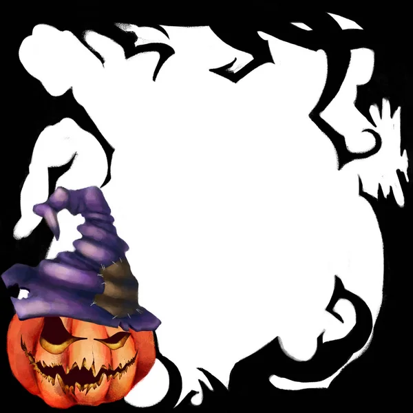 Halloween. Frame of sinister black trees on an white background. Pumpkin Jack in a hat. nightmare