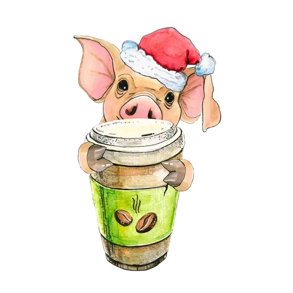 Maiale con una tazza di caffè e cappello di Babbo Natale Capodanno. Illustrazione di Natale simbolo 2019. isolato — Foto Stock