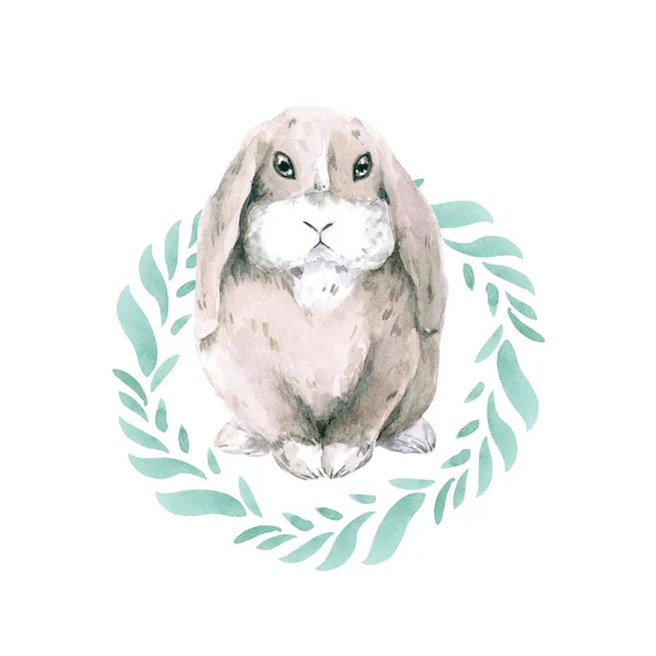 Carino coniglietto maculato grigio in una cornice rotonda di foglie verdi. Lepre isolata su sfondo bianco. Coniglietto di Pasqua — Foto Stock