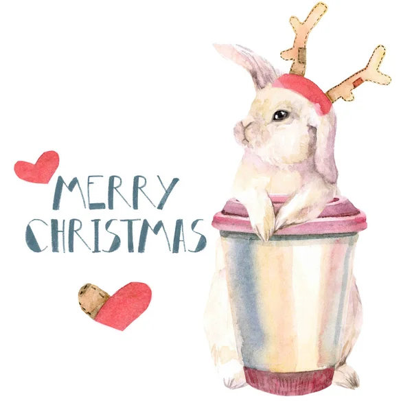 Postcard with a cute pink bunny and a mug of coffee. Merry Christmas. Hare in Santas deer horns. Isolated — Stock Photo, Image