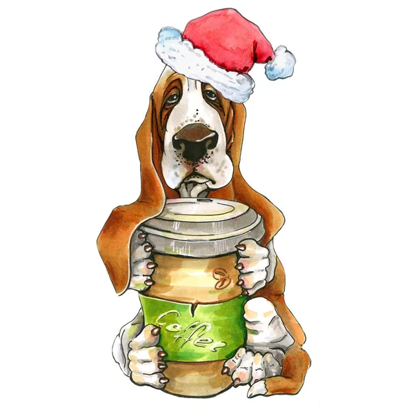 Un cane della razza basset hund con una tazza di caffè e un cappello di Babbo Natale. Illustrazione Natale isolato — Foto Stock