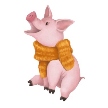 Örme sarı fularlı şirin domuz ve. Beyaz arka plan üzerinde izole. 2019 sembolü. Kış