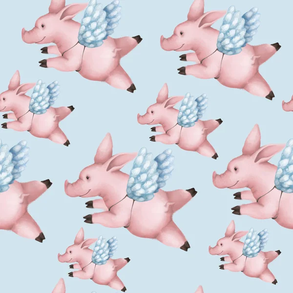 Wzór z świń ze skrzydłami. Piggy Anioł latające na niebie na niebieski — Zdjęcie stockowe