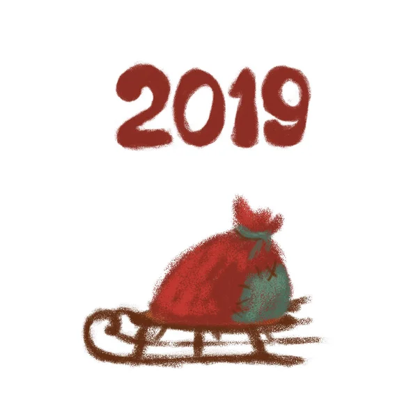 Christmas släde med en röd påse Santa Claus. Gott nytt år 2019. Isolerade på vit bakgrund. 2019 — Stockfoto
