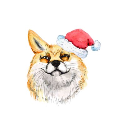 Kızıl Tilki. Kafa. Noel suluboya portre. Santa Claus şapka. Beyaz arka plan üzerinde izole. Yeni yıl
