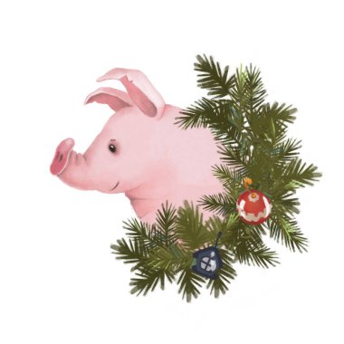 Bir Noel çelenk domuz. Yeni yıl 2019 sembolü. Beyaz arka plan üzerinde izole.