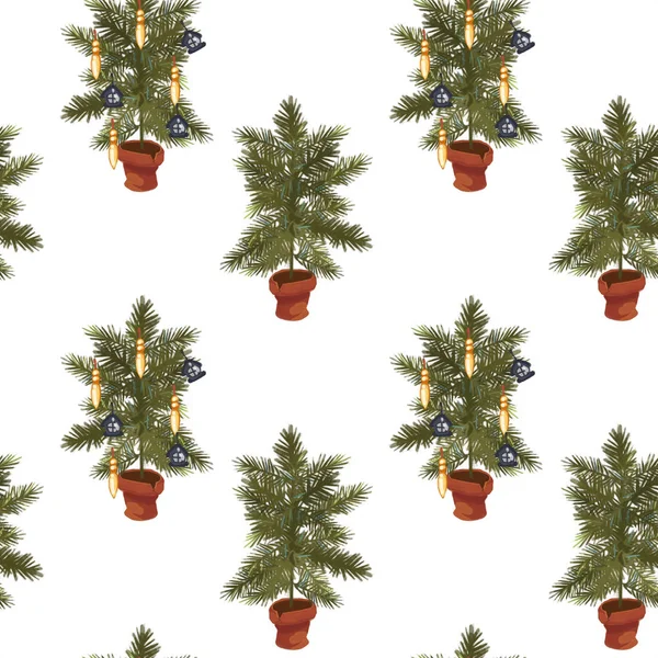 Naadloze patroon met kerstbomen in potten op een witte achtergrond. Nieuwjaar — Stockfoto