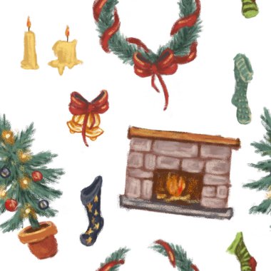 Dikişsiz Noel desen. Noel öğeler kümesi. Şömine, beyaz bir arka plan üzerinde Noel ağacı.