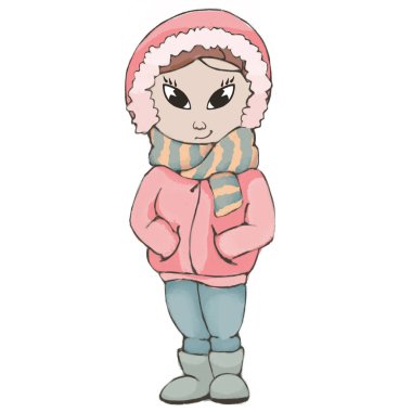 Kız pembe kış ceket. Kadın karikatür kış Hood. Beyaz arka plan üzerinde izole.