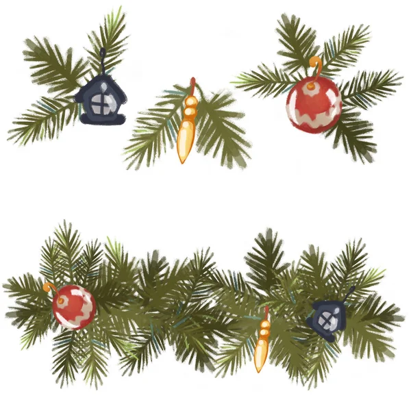 Elemento decorativo de diseño navideño. Árbol de Navidad con decoraciones. Aislado sobre fondo blanco. Un conjunto de patrones . — Foto de Stock