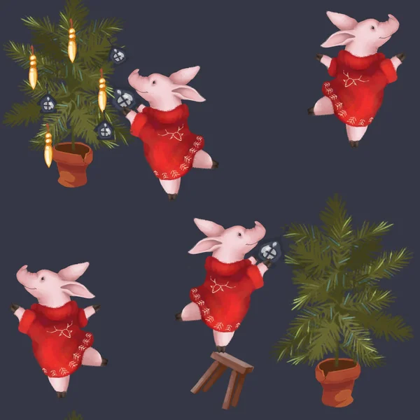 Nahtloses Muster. Das Schweinesymbol des Jahres 2019 ziert den Weihnachtsbaum. Neues Jahr auf blauem Hintergrund. — Stockfoto
