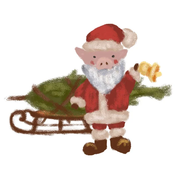 Maiale Babbo Natale con albero di Natale e campana. Illustrazione isolata su sfondo bianco. simbolo dell'anno 2019 — Foto Stock