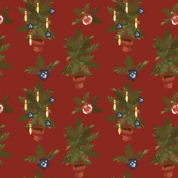 Patrón sin costuras con árboles de Navidad en macetas sobre un fondo rojo. Decoración de Año Nuevo —  Fotos de Stock