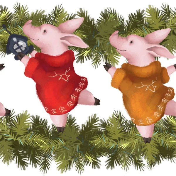완벽 한 새 해 패턴입니다. 가문비나무 크리스마스 화 환과 스웨터에 piglets입니다. 2019 년의 상징. — 스톡 사진
