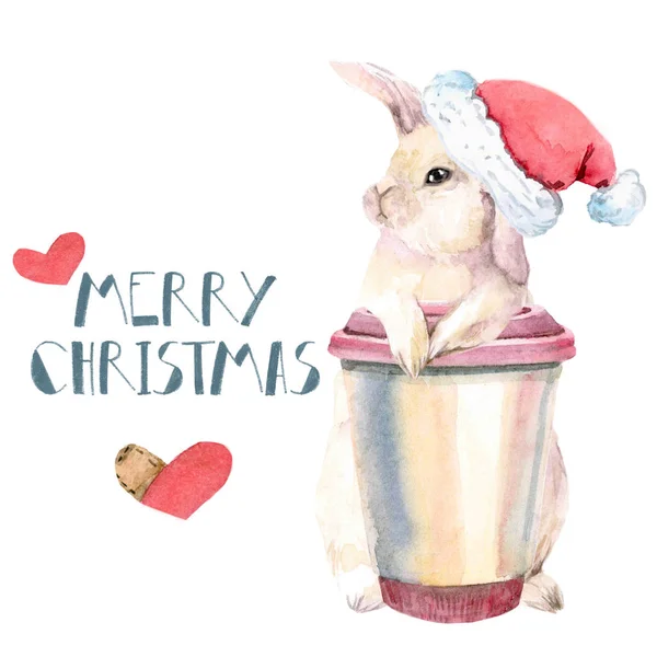 Tarjeta de felicitación feliz Navidad con conejo y una taza de café rosa. acuarela. En la gorra de Santa. Aislado —  Fotos de Stock