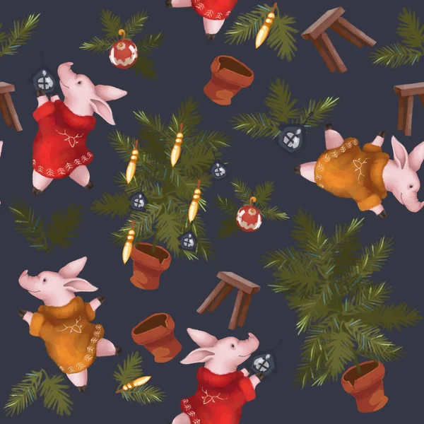 Patrón sin costuras de Navidad. Símbolo del año 2019 cerdo. Año Nuevo listo. Sobre un fondo azul marino claro . — Foto de Stock