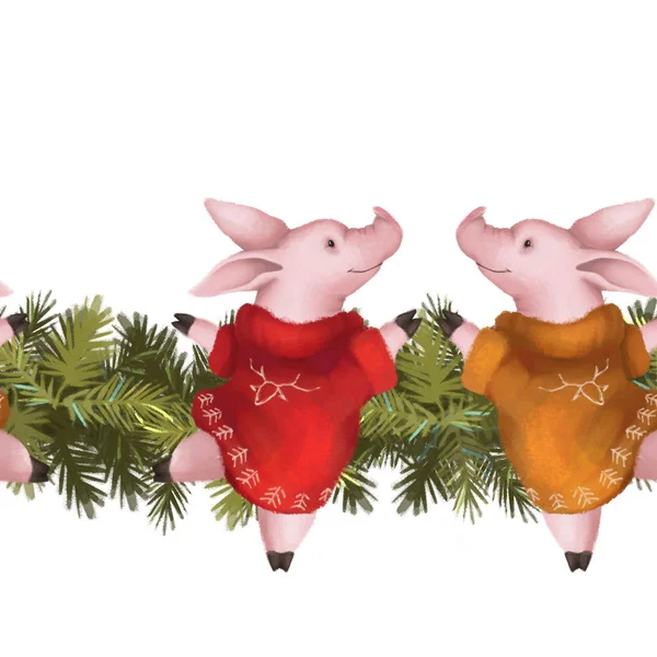 Kerst naadloze garland. Varkens in een rode trui op een vuren grens. Geïsoleerd op wit. Nieuwjaar. — Stockfoto