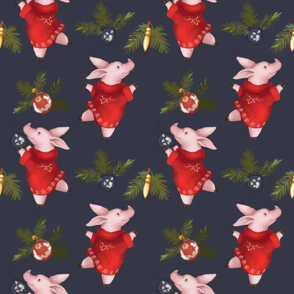 크리스마스 완벽 한 패턴입니다. 2019 년 돼지의 상징입니다. 새로운 년 설정합니다. 진한 파란색 배경에. — 스톡 사진