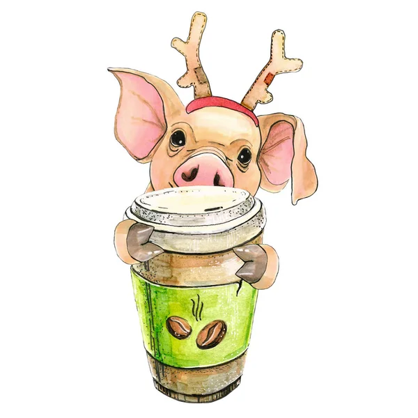 Schwein Mütze Mit Hirschhörnern Des Weihnachtsmannes Neujahrsmütze Weihnachten Illustration Symbol — Stockfoto