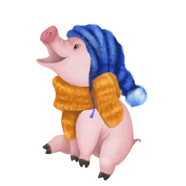 Niedliches Schwein in einem gestrickten gelben Schal und blauer Wintermütze. isoliert auf weißem Hintergrund. — Stockfoto