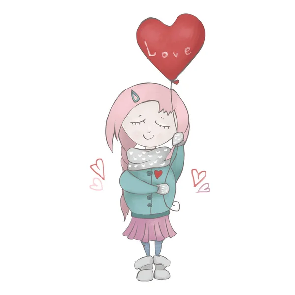 Menina com um balão na forma de um coração. Dia dos Namorados. A ilustração é isolada — Fotografia de Stock