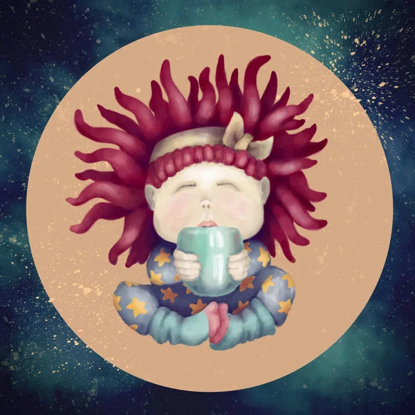Uma rapariga de cabelo ruivo. Bebé com uma caneca. No contexto do espaço. Céu noturno . — Fotografia de Stock