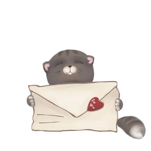 Graue Katze mit einem Umschlag in den Pfoten. Valentinskarte. Kätzchen isoliert auf weißem Hintergrund. — Stockfoto