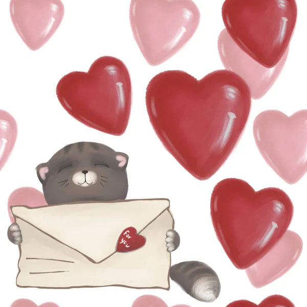 Χαριτωμένο γατάκι με ένα ερωτικό γράμμα. Χωρίς ραφή πρότυπο γάτα στις καρδιές. Ημέρα του Αγίου Βαλεντίνου. — Φωτογραφία Αρχείου