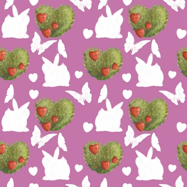 Bezproblémové vzorek na růžovém pozadí. Siluety králíků a zelených rostlin srdce. Láska — Stock fotografie