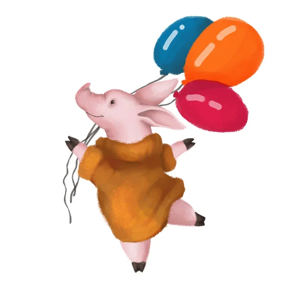 Un lindo cerdo rosa lleva globos en un suéter amarillo cálido. aislado en blanco. fondo. Nena. símbolo 2019 — Foto de Stock