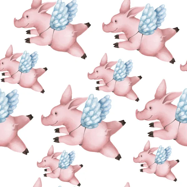 Naadloze patroon met varkens met vleugels. Piggy engel vliegen in de lucht op een witte achtergrond. — Stockfoto