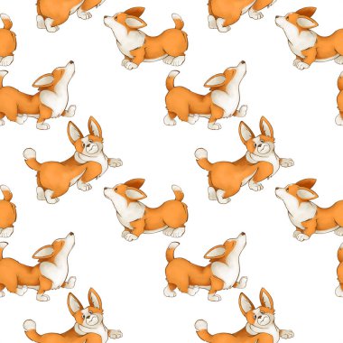 Kırmızı sevimli köpekleri ile Seamless modeli. Beyaz bir arka plan üzerinde Corgi kukla.