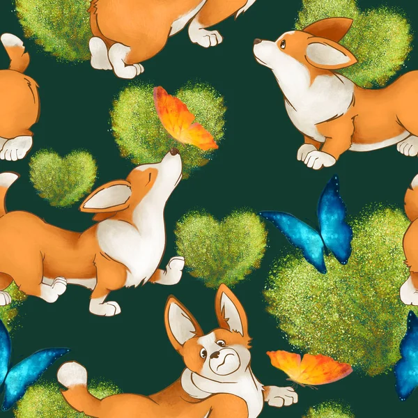 Seamless pattern with red cute dogs. Corgi puppies on a green background. butterflies and green leaves. . — Stock Photo, Image