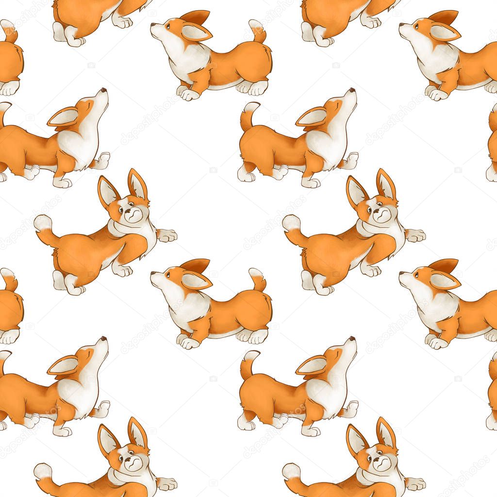 Seamless pattern with red cute dogs. Corgi puppies on a white background.