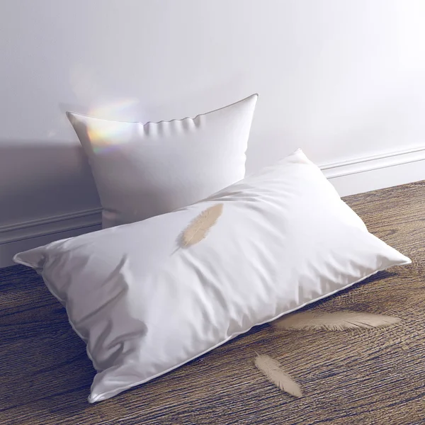 3d render White pillows and feathers are on the wooden floor. — Stock Photo, Image