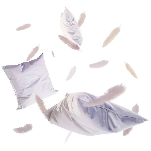 3d render Almohadas y plumas en el aire. Aislado sobre fondo blanco. sueños Imagen de archivo
