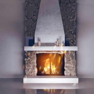 taştan yapılmış bir şömine 3D modeli. Ocak başı, dağ evi tarzı iç.