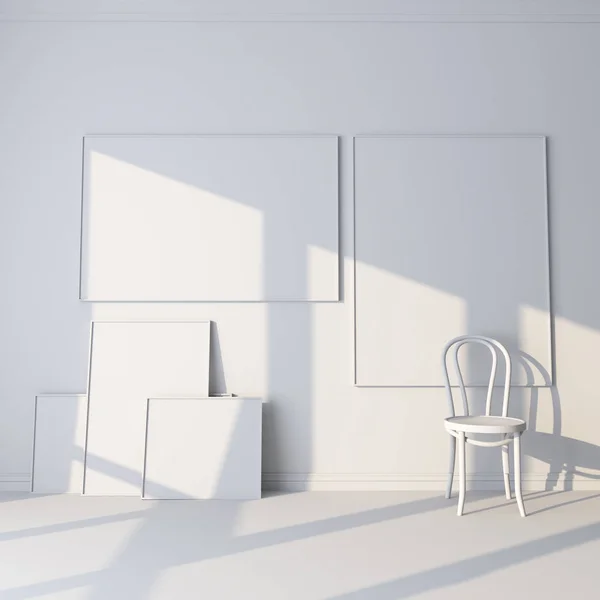 3d render Layout for advertisements, paintings and posters. White room with canvases and a chair. mockup